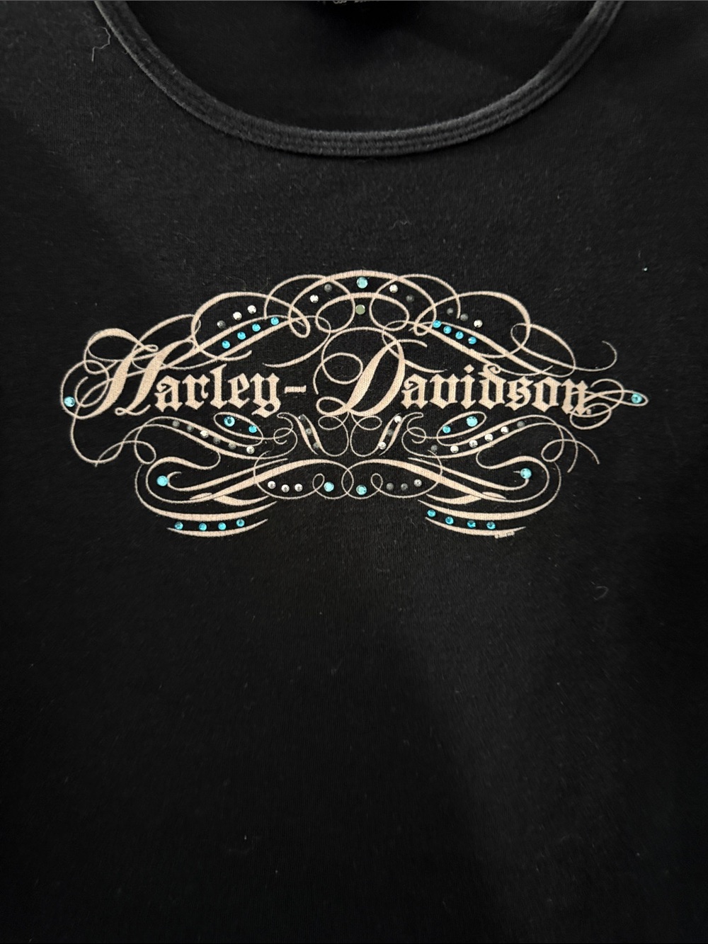 Harley-Davidson Black Tee with Ivory Script and Turquoise Dots